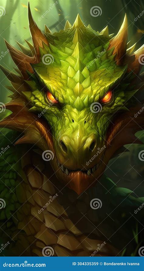 Angry Fantasy Green Dragon Head Close Up Stock Illustration