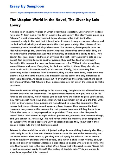 The Utopian World In The Novel The Giver By Lois Lowry Free Essay