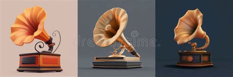 Set Of Cute Old Gramophone 3d Cartoon Animation Style Stock
