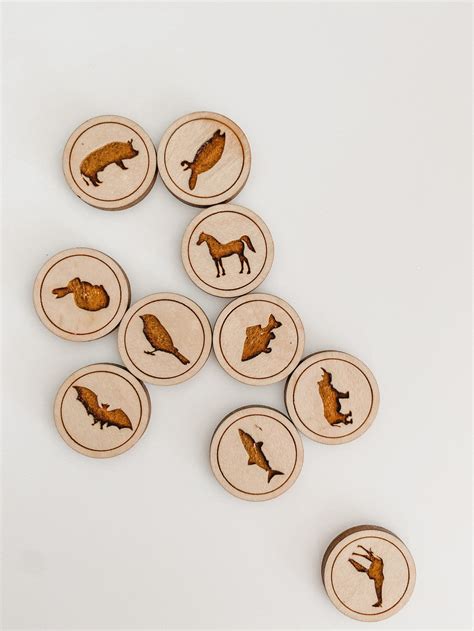Wood Engraved Animal Coins 1 10 Animal Identification Etsy