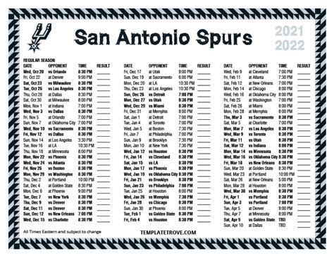 Printable 2021-2022 San Antonio Spurs Schedule