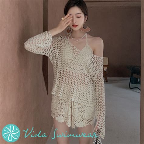 Crochet Bikini With Cover Up Knitted Two Piece Swimwear With Knitted