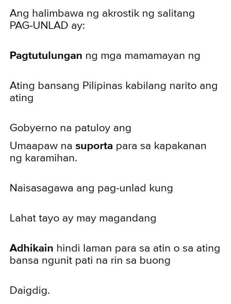 Gumawa Ng Akrostik Mula Sa Salitang Pag Unlad Brainly Ph