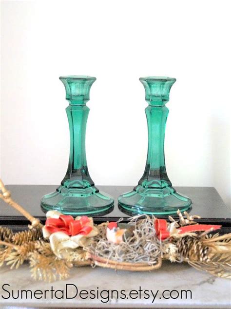 Pair Emerald Candlestick Holders Green Emerald By Sumertadesigns Candlestick Holders Vintage