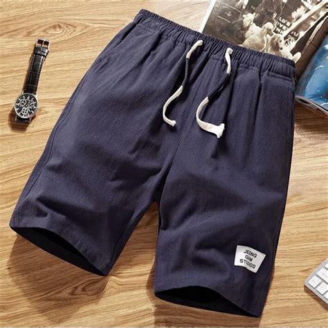 Men 2019 Casual Cotton Linen Elastic Waist Solid Shorts Summer