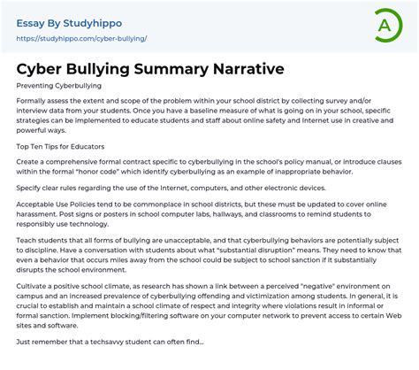 Cyber Bullying Summary Narrative Essay Example Studyhippo