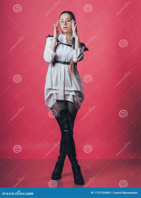 Brunette Girl Posing At The Pink Background Stock Image Image Of Girl Lady