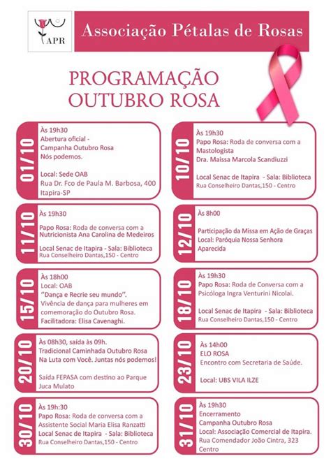 Programação do Outubro Rosa começa nesta terça feira palestra