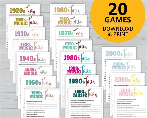 Decades Trivia Bundle Printable Games Music Pop Culture Party