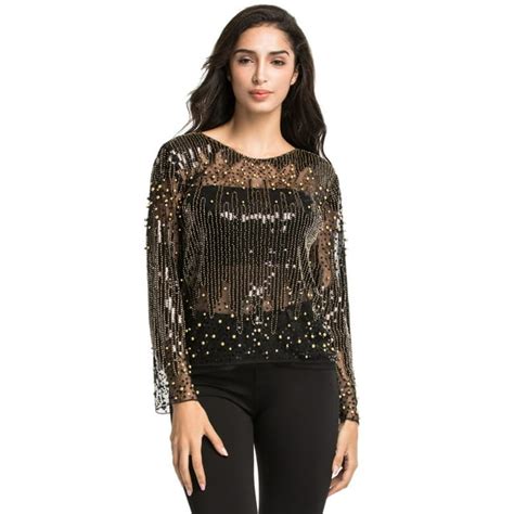 Prettyguide Womens Sequin Blouse See Through Party Tops Beaded Sparkly