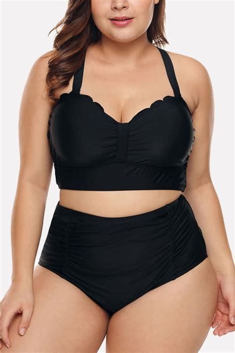 Women Black Spaghetti Straps High Waist Sexy Plus Size Bikini Swimsuit