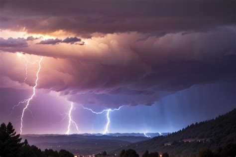 Una tormenta eléctrica con un cielo púrpura y nubes Foto Premium