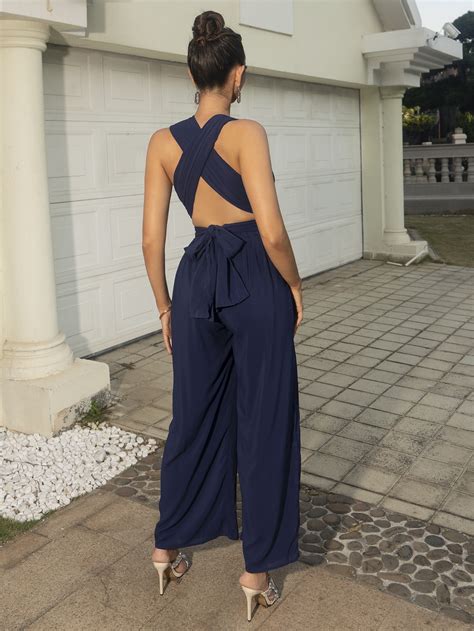 Joyfunear Plunging Neck Crisscross Backless Wide Leg Jumpsuit Shein