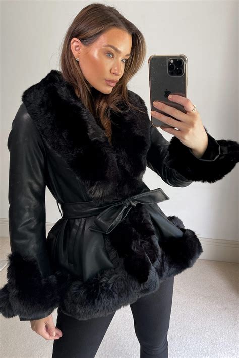 Izzy Black Pu Faux Leather Faux Fur Trim Belted Coat Lasula