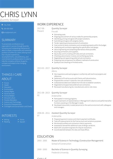 Quantity Surveyor - Resume Samples and Templates | VisualCV