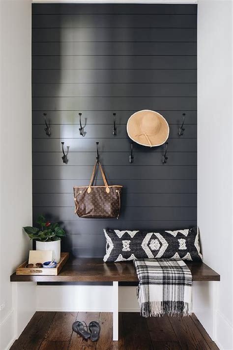 Mudroom Bench Designed In A Floating Oak Feature With A Black Shiplap