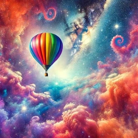 Graceful Hot Air Balloon Flying Through Colorful Cosmic Sky Premium AI Generated Image