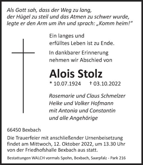 Traueranzeigen Von Alois Stolz Saarbruecker Zeitung Trauer De