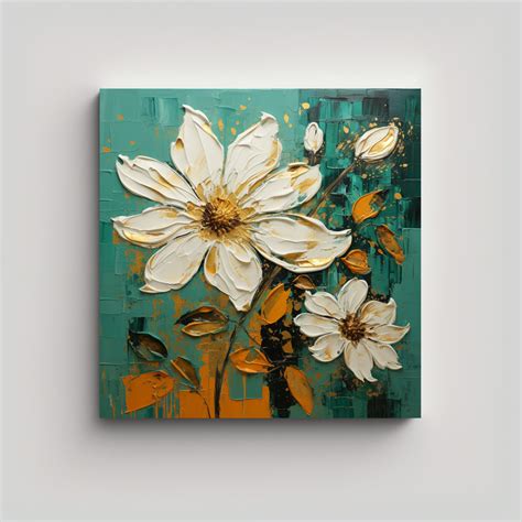 Pintura De Flores En Lienzo Verde Y Dorado Con Profundidad Decocuadros