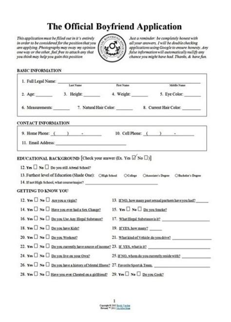 Boyfriend Application Printable