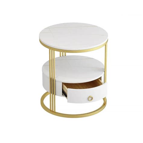 Modern White Round Nightstand With Marble Top And Drawer And Shelf In Gold