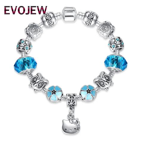 Evojew High Quality Blue Crystal Cute Hello Kitty Cat Silver Color