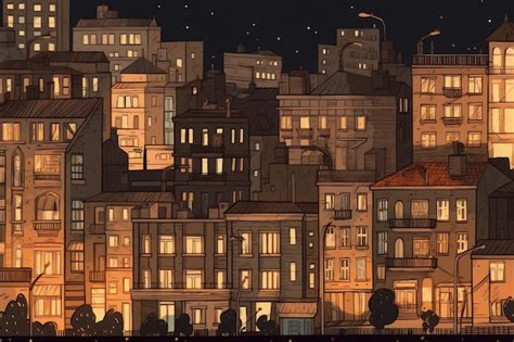 Premium Photo A Drawing Of A City At Night With Buildings Lit Up