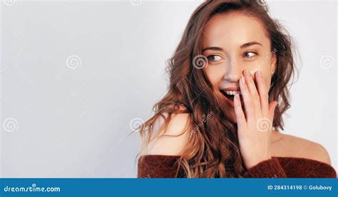 Pleasant Surprise Beauty Novelty Woman Hand Mouth Stock Photo Image