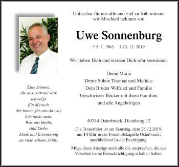 Traueranzeigen Von Uwe Sonnenburg Noz Trauerportal