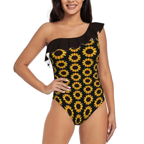 Sunflower One Shoulder Ruffle Swimsuit Women Swimwear Sexy Beach Wear