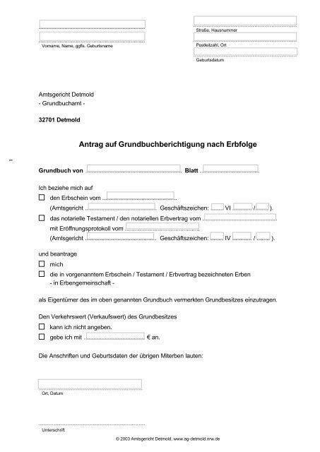 Antrag Auf Grundbuchberichtigung Nach Erbfolge Amtsgericht