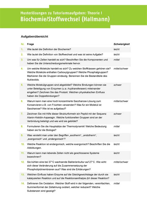 Biochemie Tutorium mit Lösungen Tutoriumsaufgaben Theorie I