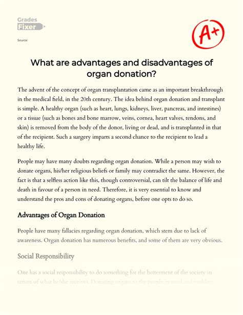 Shortcomings And Benefits Of Organ Donation Essay Example Words