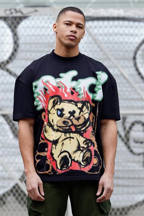 Oversized Extended Neck Bear Graphic T Shirt Boohoo Uk