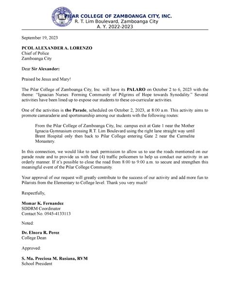 Letter To Barangay Captain Pilar College Of Zamboanga City Inc R T