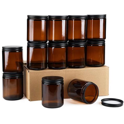 12 Pack Amber Glass Jars 8 Oz Thick Amber Round Glass Jars With Black Metal Lids For Spice