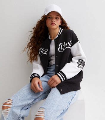 Girls Black Jersey New York Varsity Logo Bomber Jacket | New Look