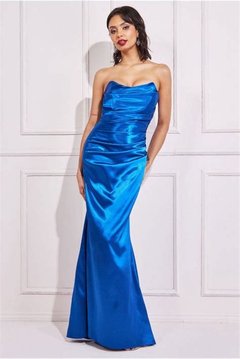 Goddiva Satin Bandeau Maxi Dress Royal Blue Sale From Yumi Uk