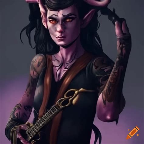 Skinny Young Tiefling Bard In All Black Attire With Tattoos And A