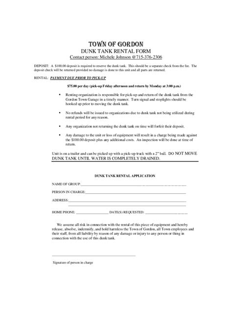 Fillable Online TOWN OF GORDON DUNK TANK RENTAL FORM Fax Email Print