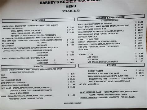 Online Menu Of Barneys Korner Bar And Grill Restaurant Geneseo