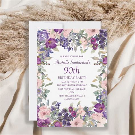 Purple Blush Pink Floral Foliage 90th Birthday Invitation Zazzle