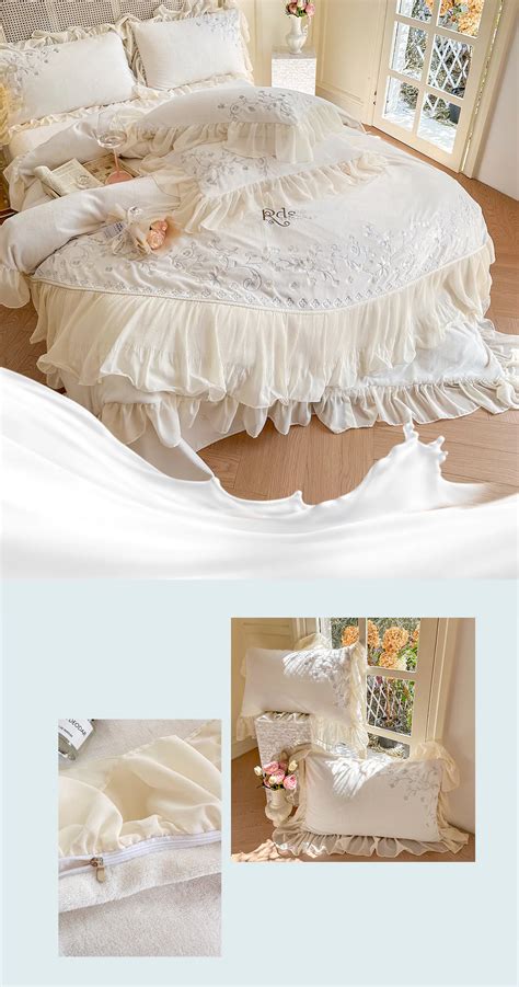 Cozy Embroidery Chiffon Lace Trim Milk Velvet Warm Bedding Set Florashe