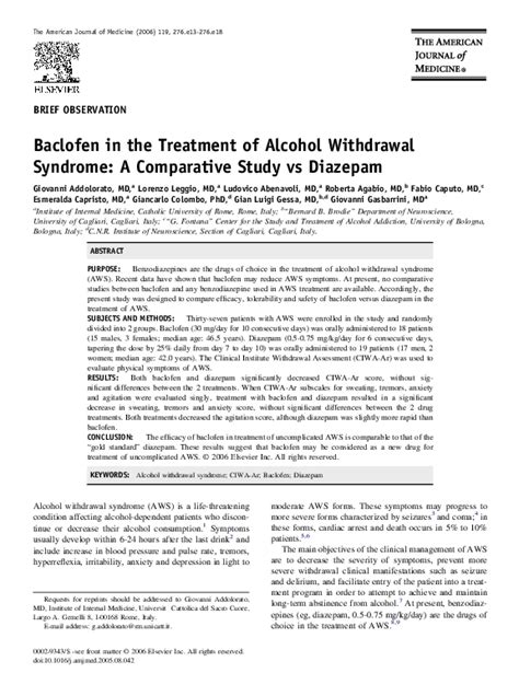 (PDF) Baclofen in the Treatment of Alcohol Withdrawal Syndrome: A Comparative Study vs Diazepam ...