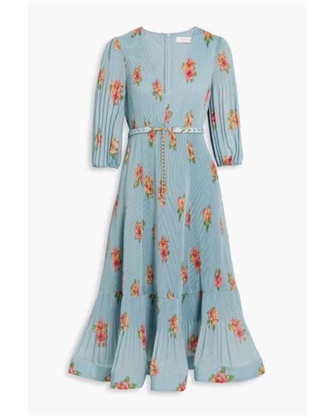 Zimmermann Belted Floral Print Pliss Organza Midi Dress In Blue Lyst