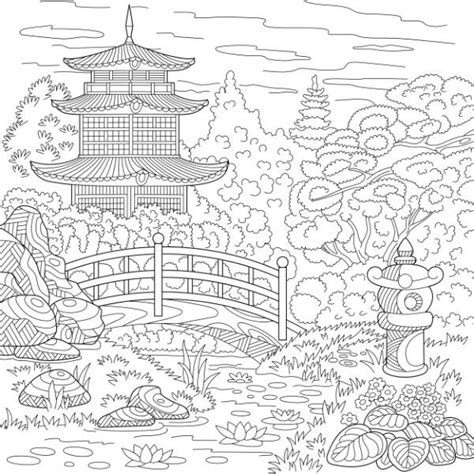 Coloriage à imprimer Pont pagode et jardin japonais