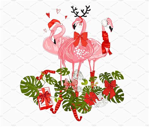 Tropic Christmas Flamingo Vector Set Flamingo Christmas Flamingo Art Flamingo Vector