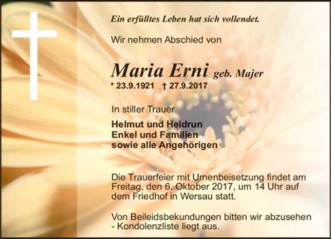 Traueranzeigen Von Maria Erni Vrm Trauer De