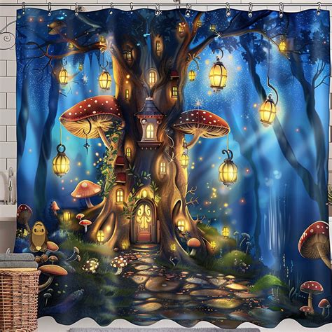 Enchanted Forest Fairy Tale Shower Curtain Magical Mushroom House