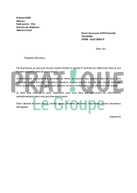 Lettre De R Siliation Direct Assurance Pratique Fr